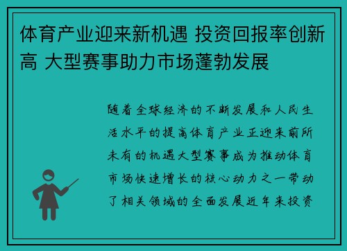 体育产业迎来新机遇 投资回报率创新高 大型赛事助力市场蓬勃发展