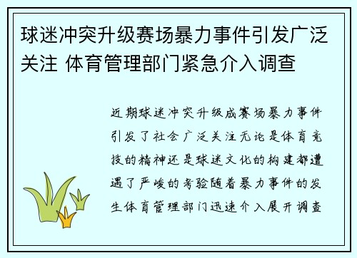 球迷冲突升级赛场暴力事件引发广泛关注 体育管理部门紧急介入调查