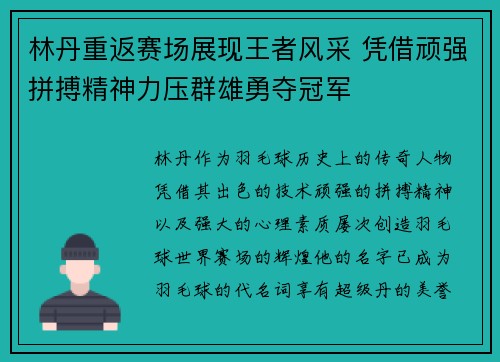林丹重返赛场展现王者风采 凭借顽强拼搏精神力压群雄勇夺冠军