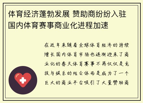 体育经济蓬勃发展 赞助商纷纷入驻 国内体育赛事商业化进程加速