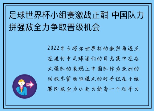 足球世界杯小组赛激战正酣 中国队力拼强敌全力争取晋级机会